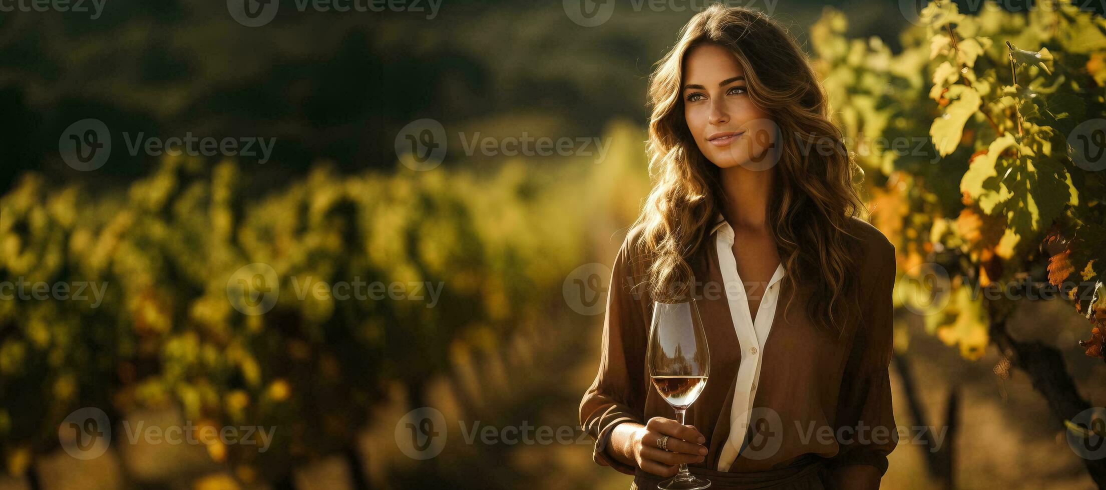 vrouw met wijn glas staand in wijngaard gedurende foto