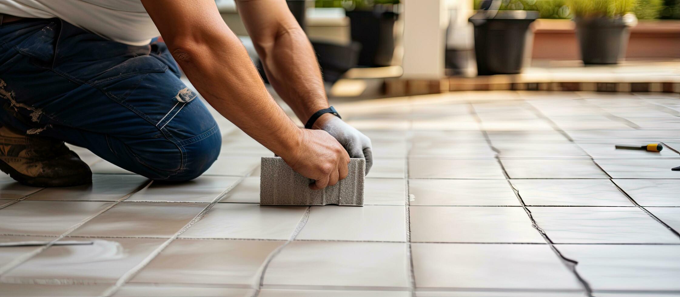 installeren porselein tegels Aan de balkon verdieping net zo een deel van een interieur verbouwing project foto