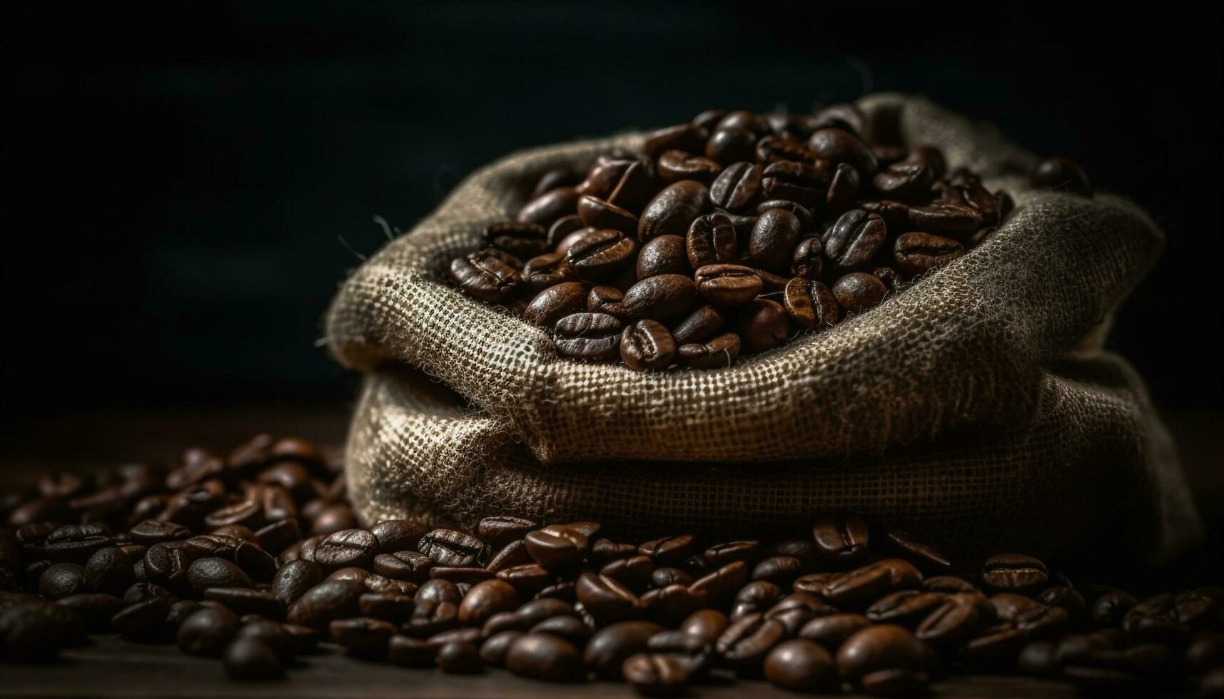 donker geroosterd koffie bonen in een jute zak, dichtbij omhoog schot gegenereerd door ai foto