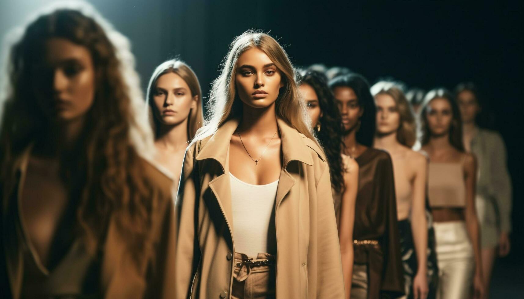 een groep van jong Dames in modieus kleding glimlachen vol vertrouwen gegenereerd door ai foto