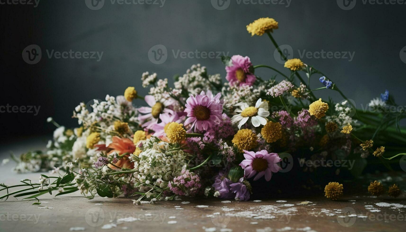 versheid van zomer, geel madeliefje boeket Aan rustiek houten tafel gegenereerd door ai foto