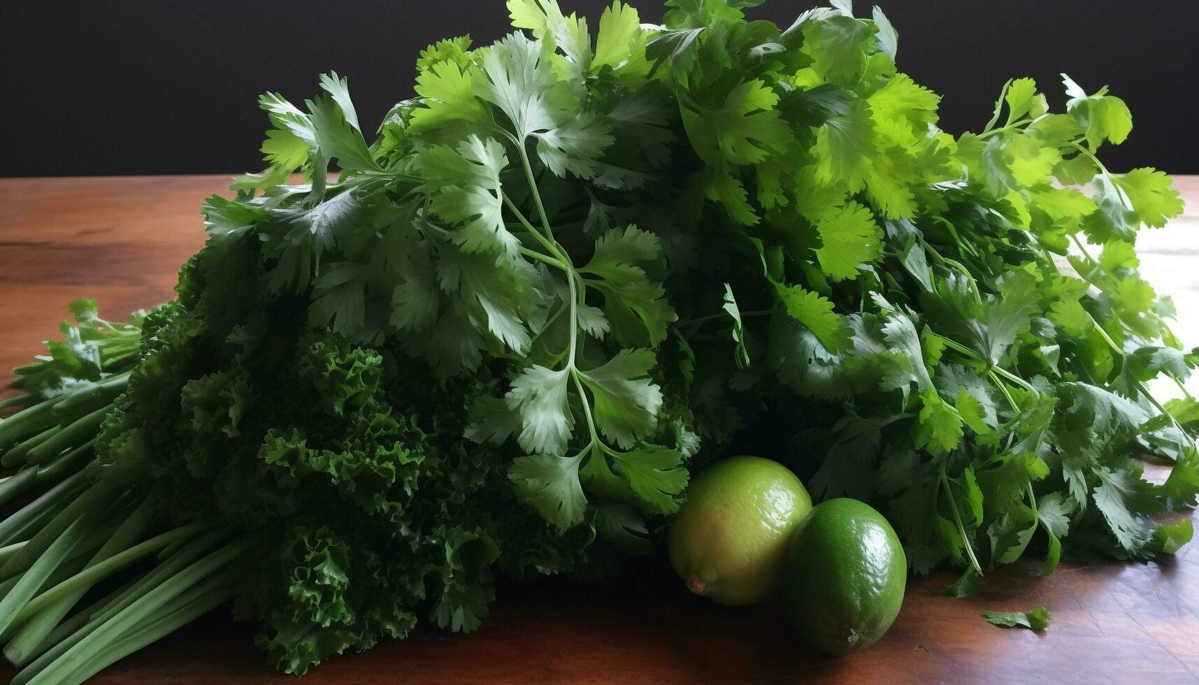 vers groente salade met peterselie, koriander, en groen blad garneer gegenereerd door ai foto