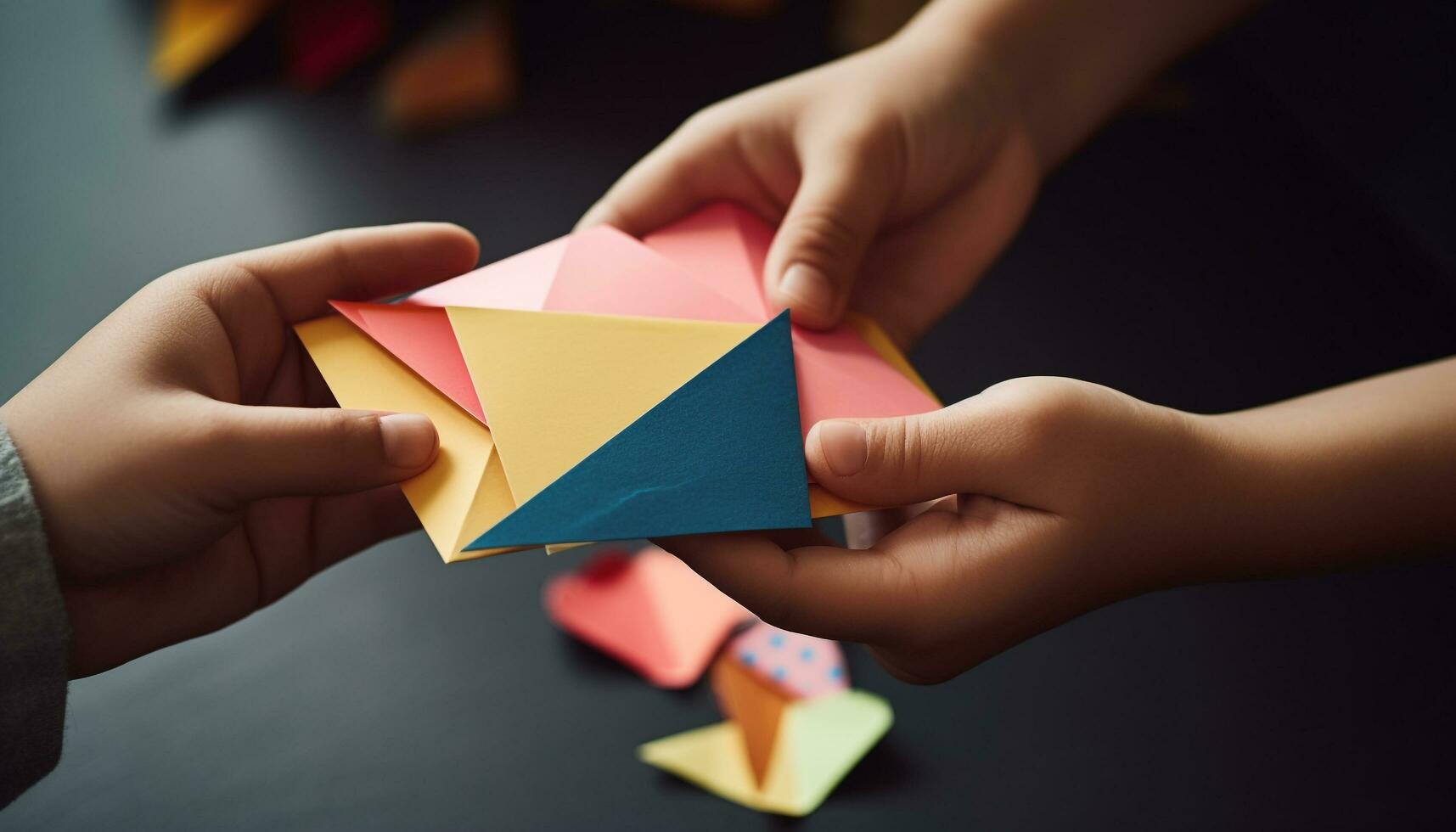 kind spelen met een kleurrijk papier puzzel, vonken creativiteit en verbeelding gegenereerd door ai foto
