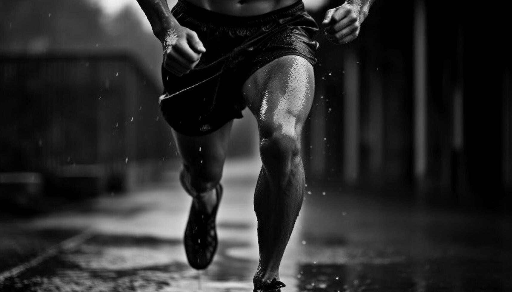 een nat atleet, sterk en bepaald, rennen in de regen gegenereerd door ai foto