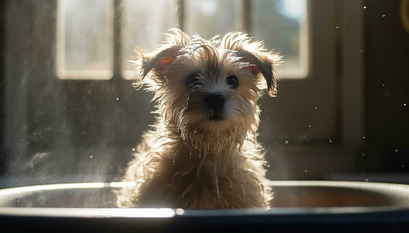 schattig puppy zittend in bad, nat en op zoek aanbiddelijk gegenereerd door ai foto