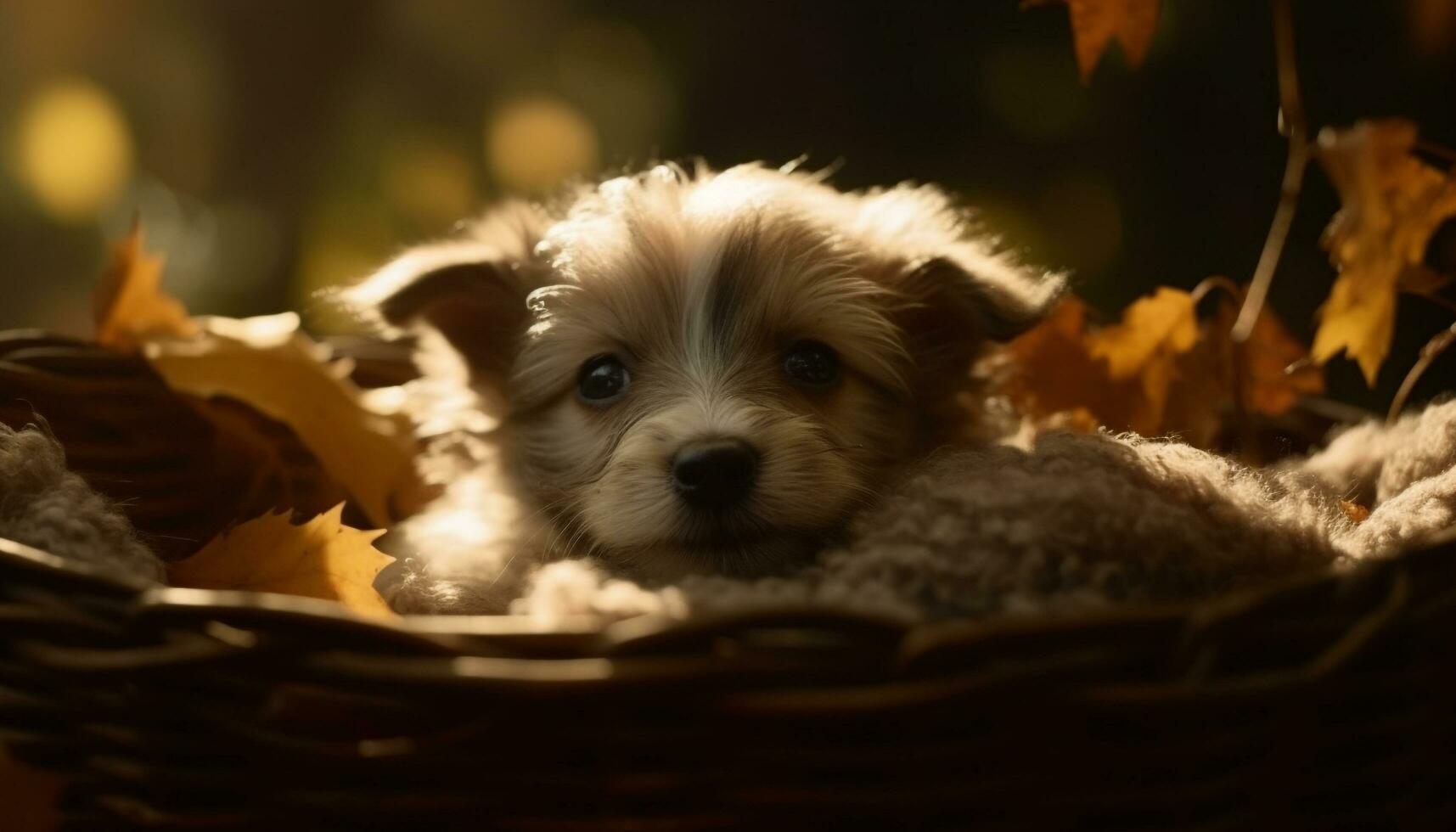 schattig puppy zittend in een mand, op zoek Bij camera, speels gegenereerd door ai foto