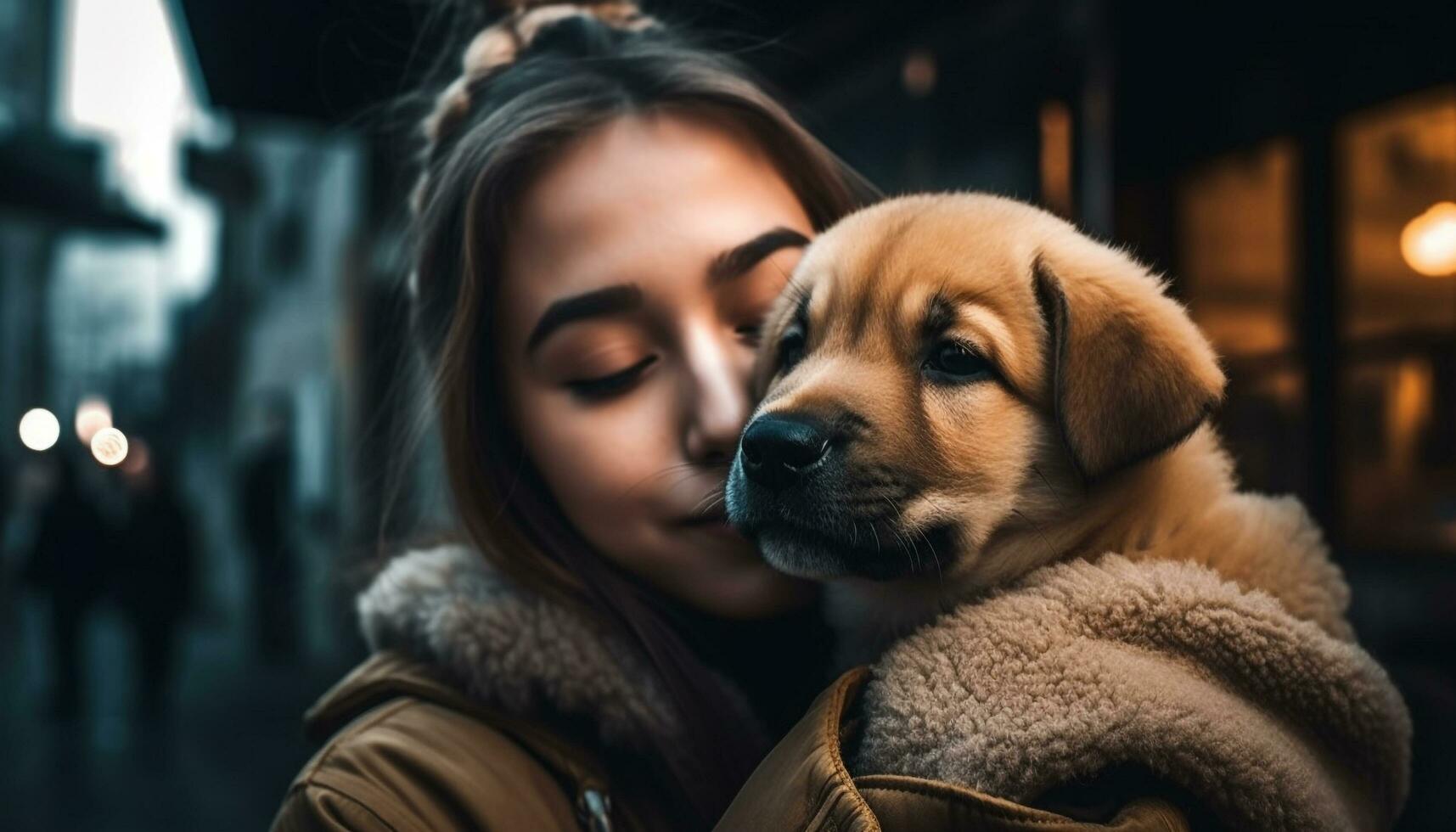 een schattig hond en een jong vrouw omhelzing in de buitenshuis gegenereerd door ai foto