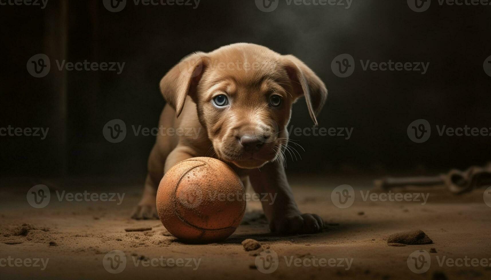 schattig puppy spelen met een bal, op zoek Bij camera gegenereerd door ai foto
