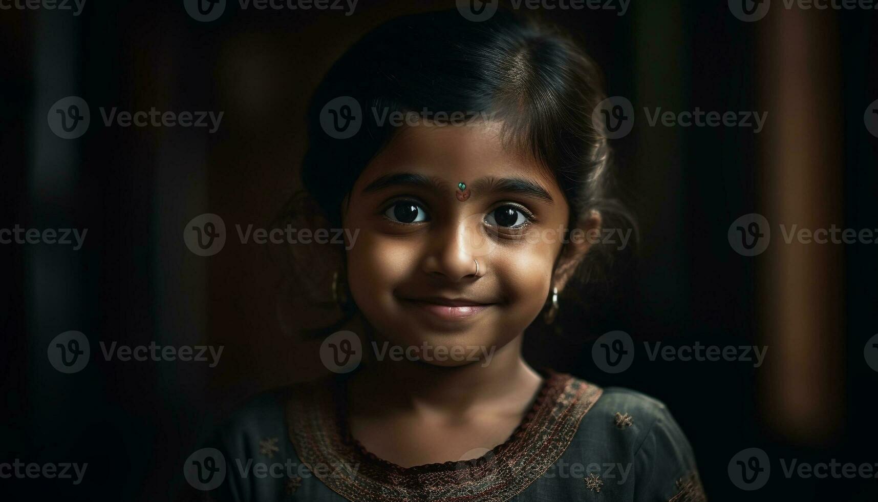 glimlachen meisje met bruin haar, op zoek Bij camera, binnenshuis gegenereerd door ai foto