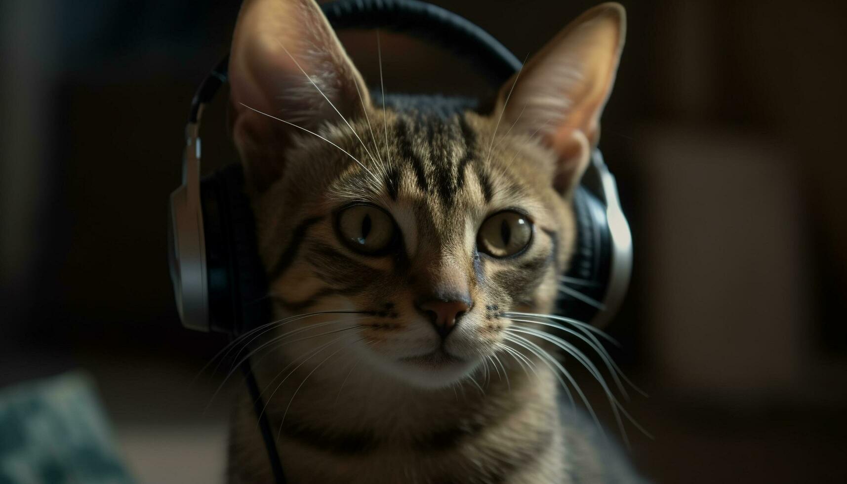 schattig katje met gestreept vacht zittend en luisteren naar hoofdtelefoons gegenereerd door ai foto