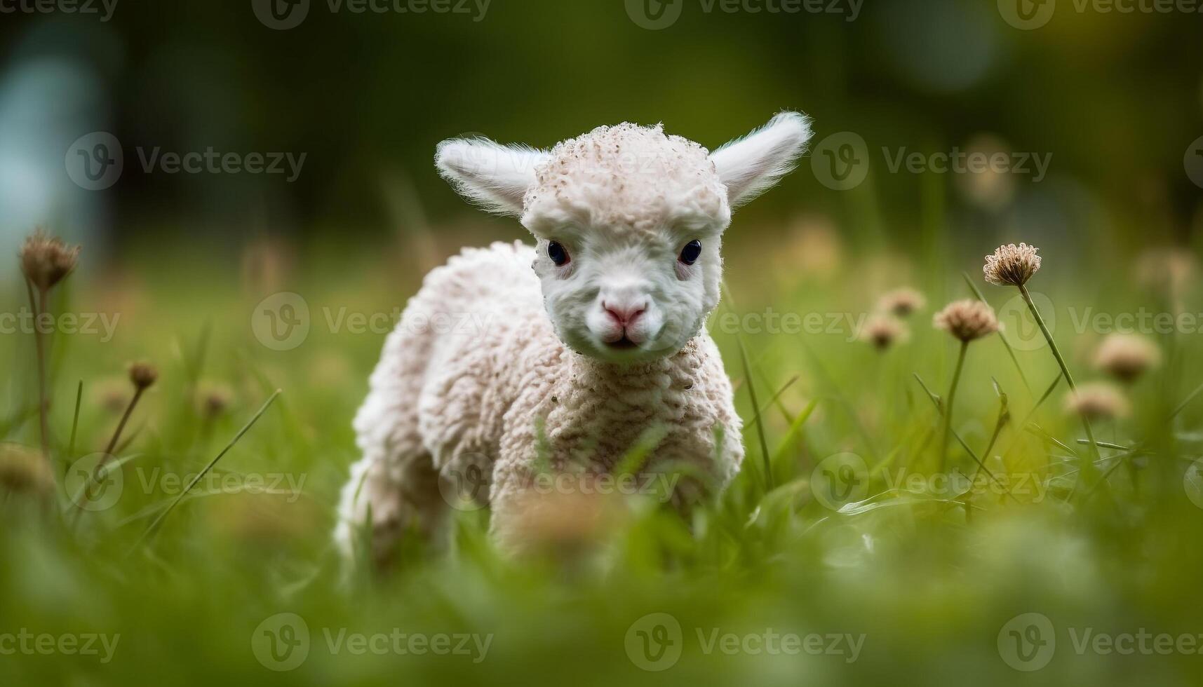 schattig lam begrazing Aan groen weide, onschuld in natuur gegenereerd door ai foto