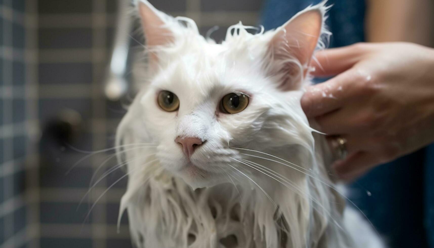 schattig katje met pluizig vacht, op zoek Bij camera, binnenshuis gegenereerd door ai foto