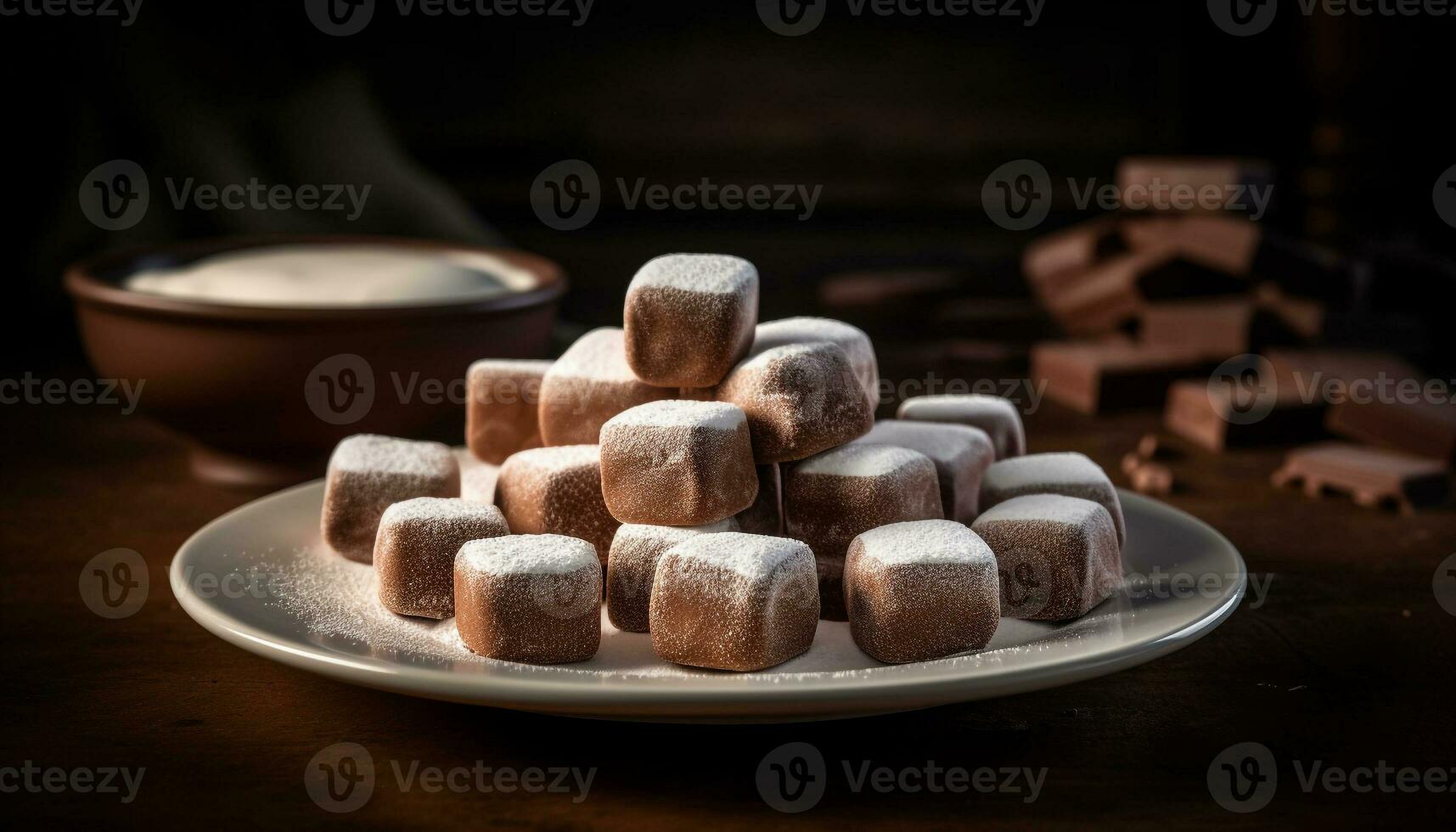 stack van donker chocola kubussen Aan een houten tafel, aanlokkelijk toegeeflijkheid gegenereerd door ai foto