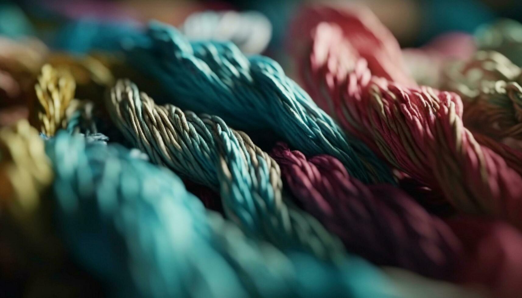 naaien ambacht wol draad, dichtbij omhoog textiel, multi gekleurde spoel materiaal patroon mode gegenereerd door ai foto