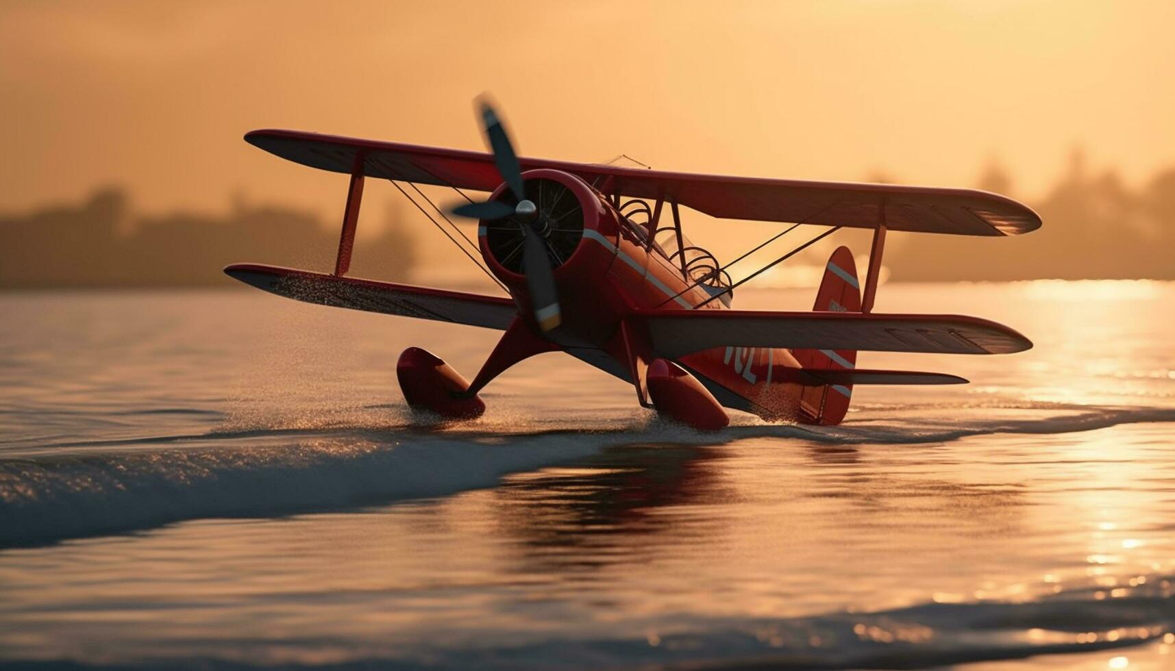 een oud fashioned watervliegtuig vliegend over- de zonsondergang water, propeller spinnen gegenereerd door ai foto