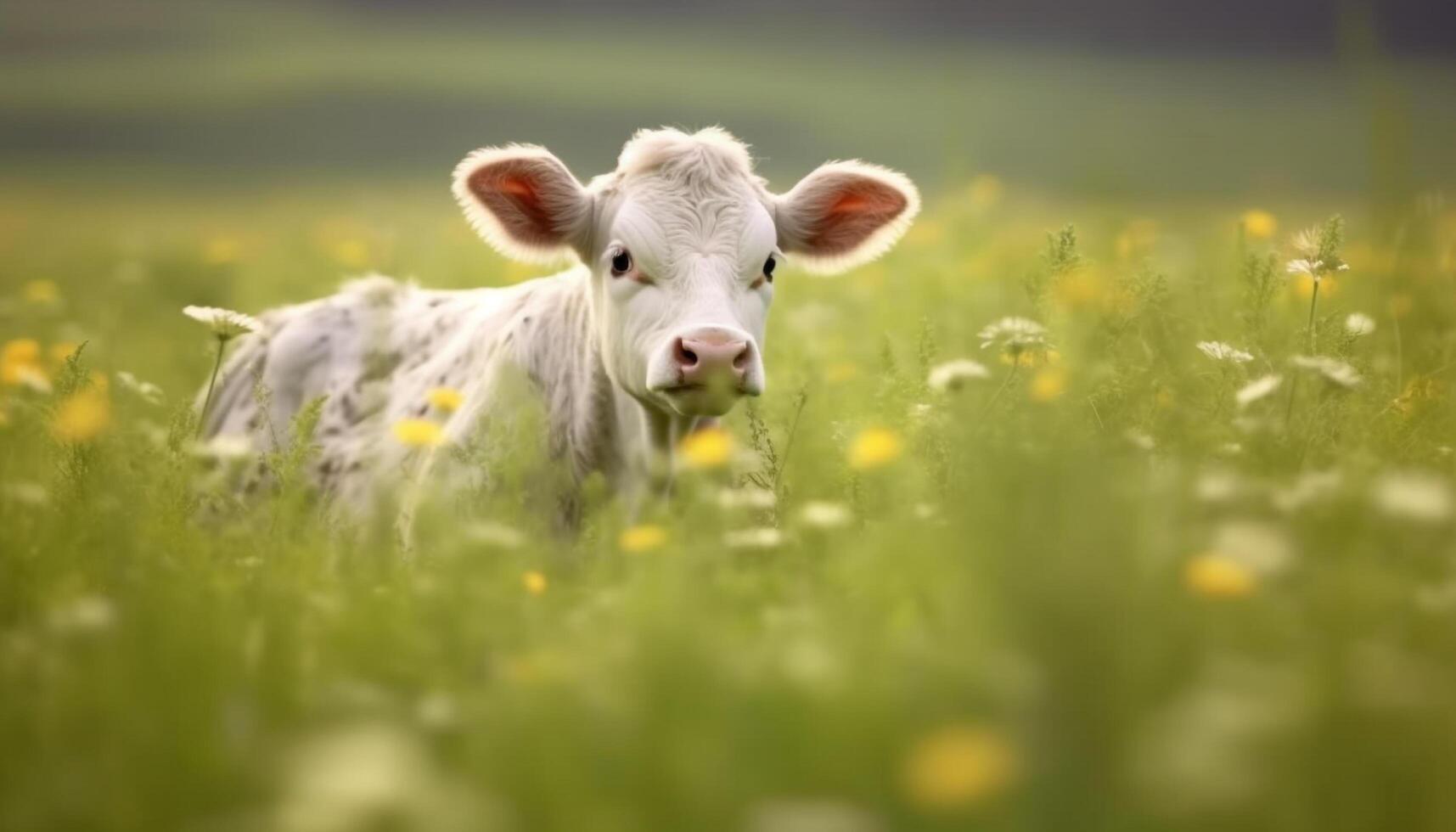 jong koe begrazing in een groen weide, omringd door wilde bloemen gegenereerd door ai foto