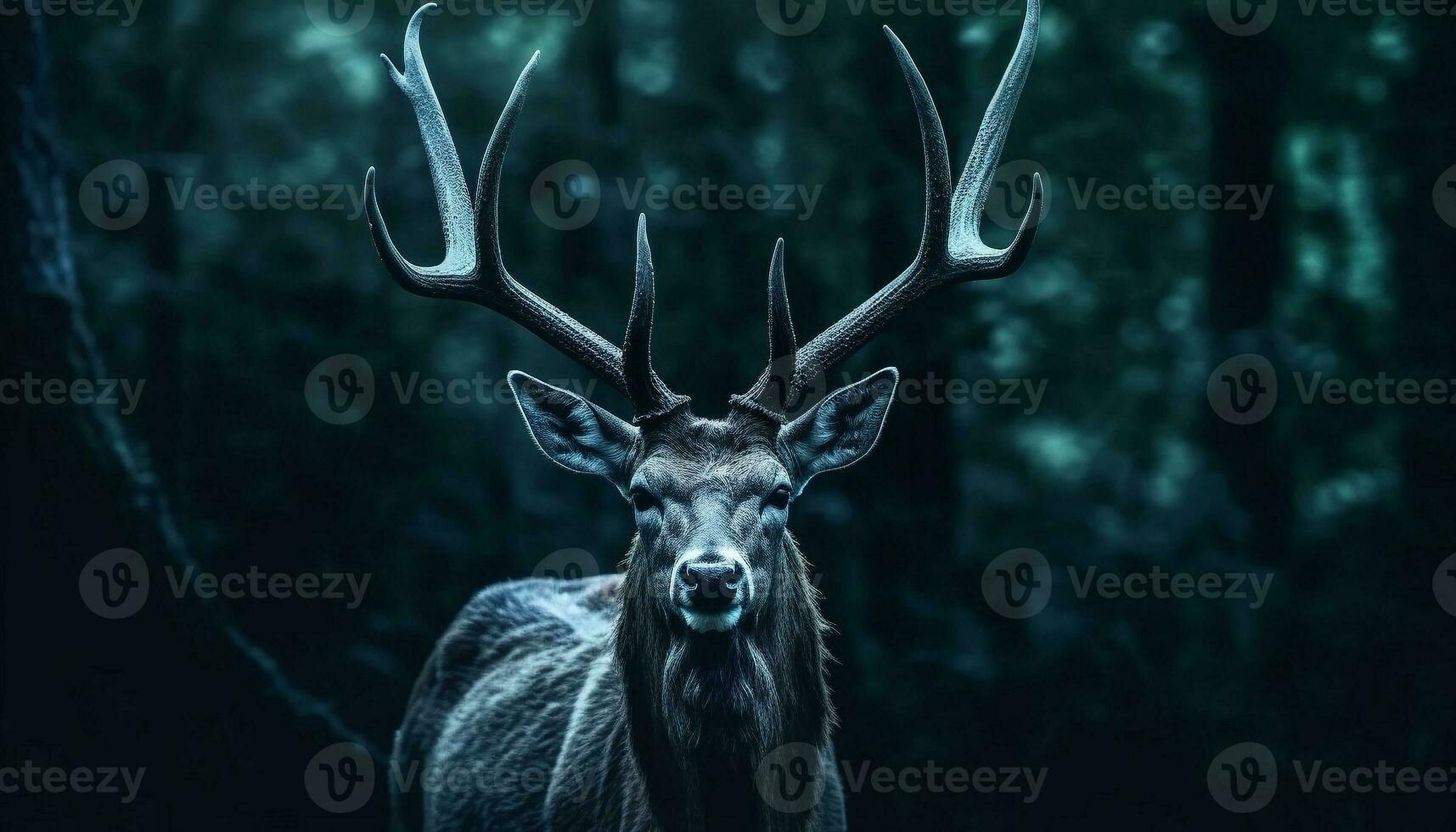 majestueus hert staand in de Woud, op zoek Bij camera gegenereerd door ai foto