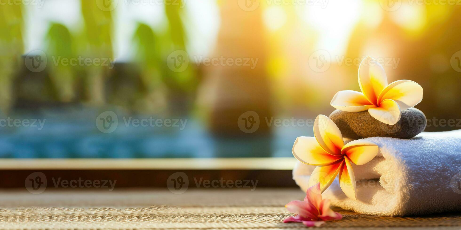 rustgevend spa sfeer - handdoek en delicaat bloem Aan wazig achtergrond - generatief ai foto