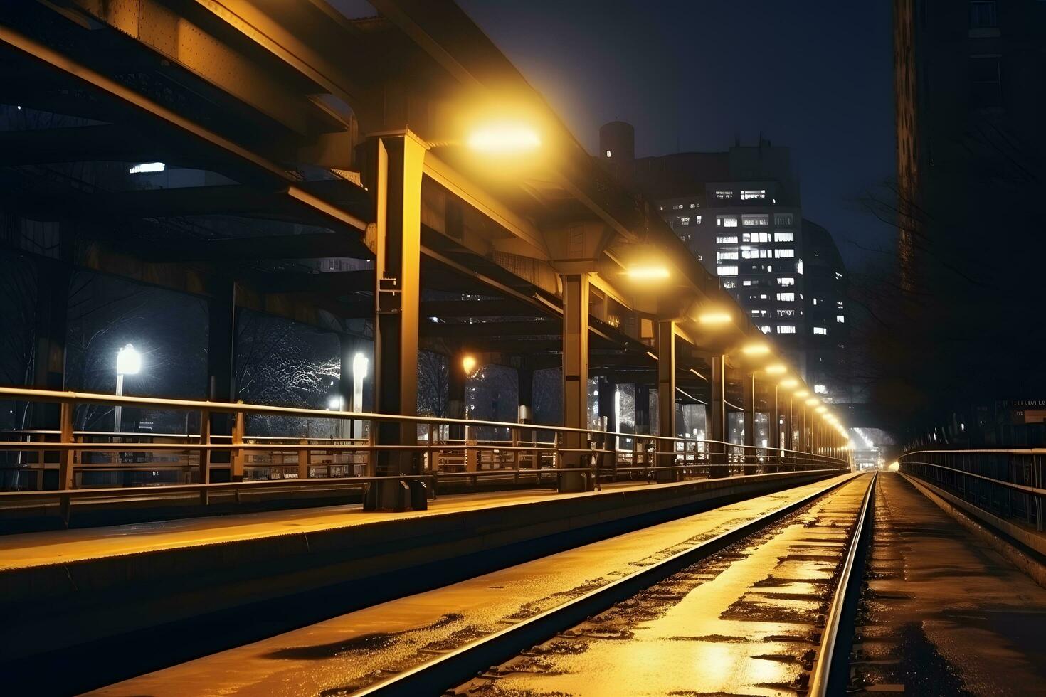 spoorweg station Bij nacht. trein platform in mist. spoorweg ai gegenereerd foto