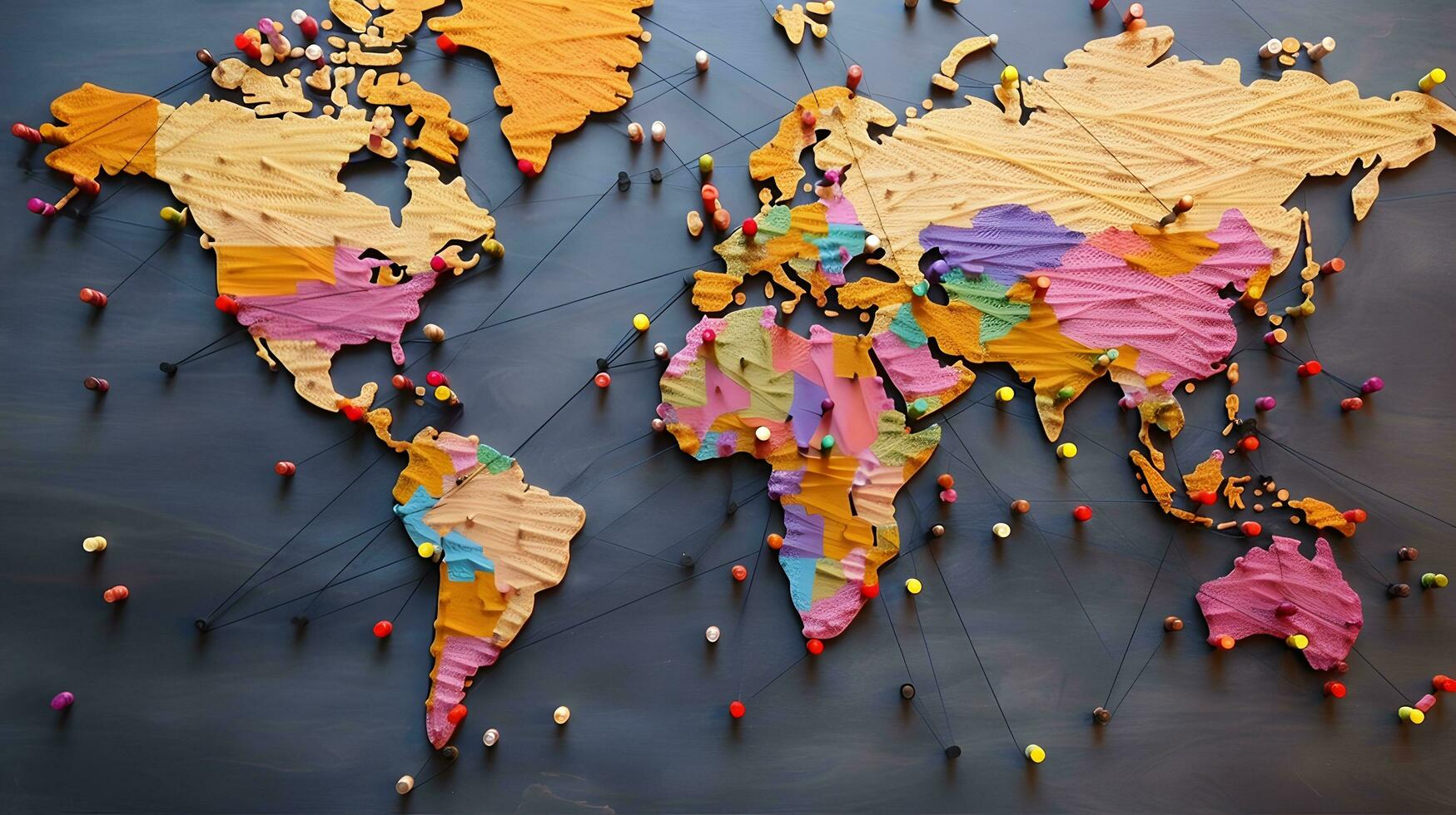 de wereld kaart is gemaakt van pinnen en pinnen zijn verbonden naar de pinnen Aan de kaart foto