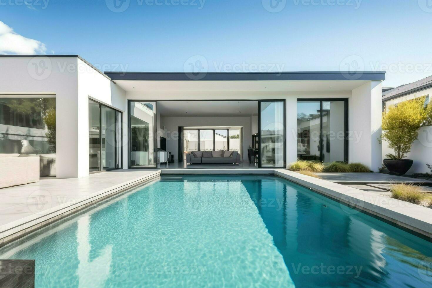 extern visie van een hedendaags huis met zwembad Bij schemer 3d renderen ai generatief foto