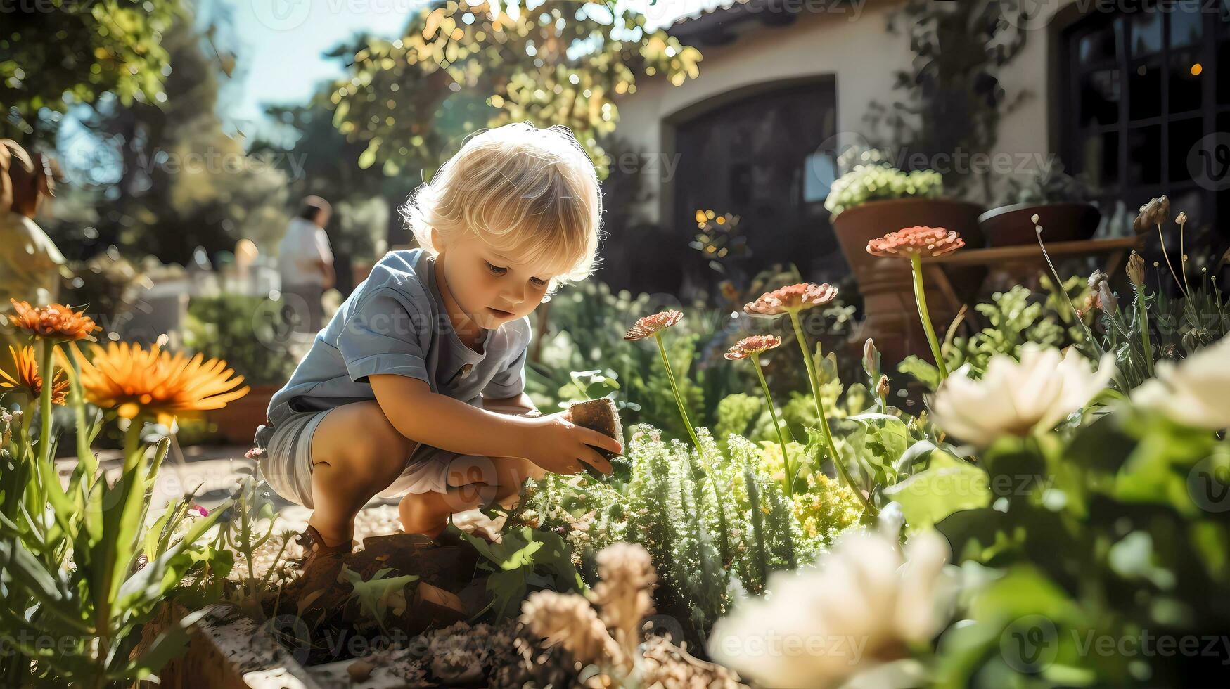 weinig jongen tuinieren met landschap vol van bloemen Aan warm zonnig dag. familie werkzaamheid. tuinieren en landbouw concept foto