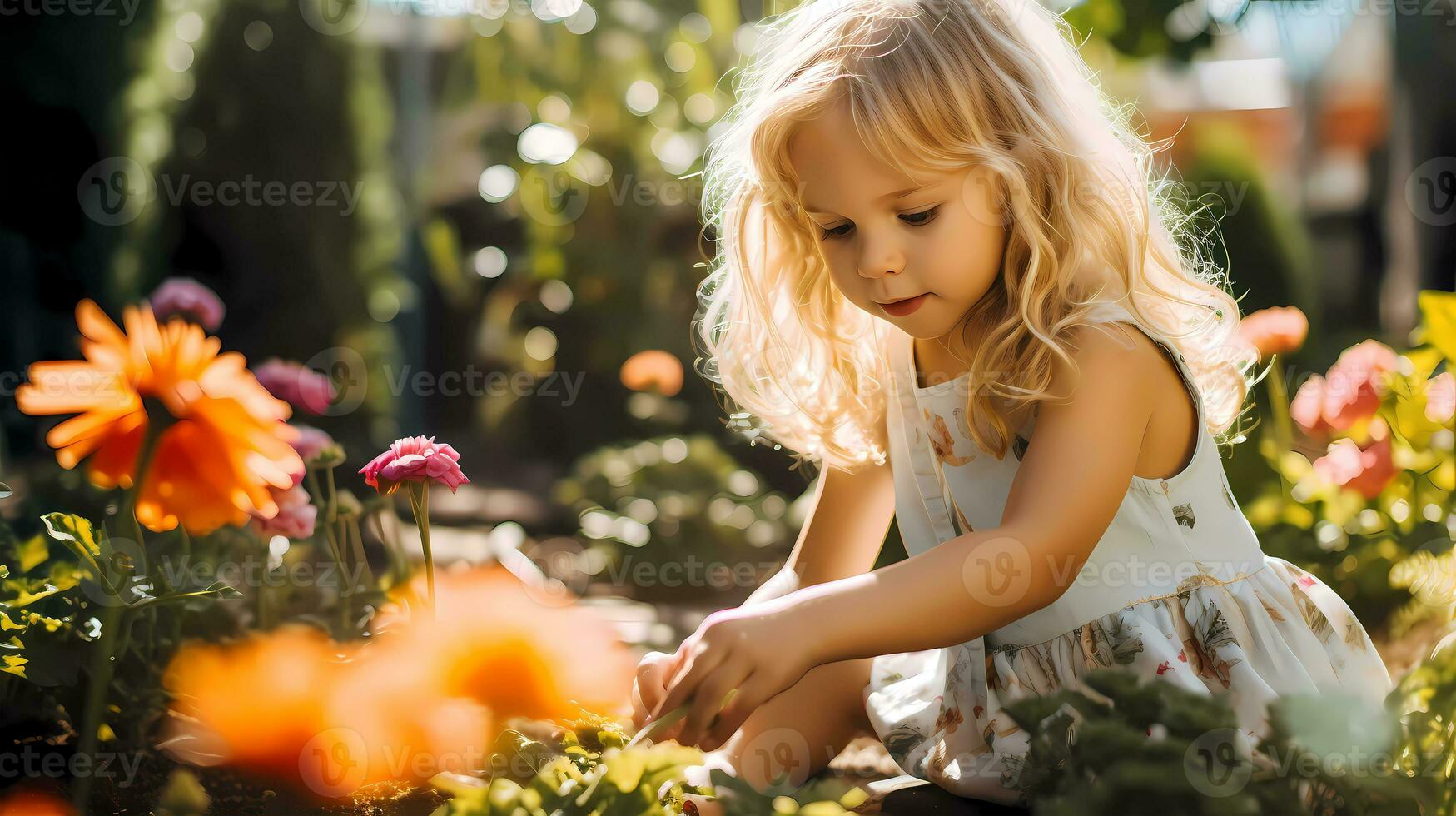 weinig meisje tuinieren met landschap vol van bloemen Aan warm zonnig dag. familie werkzaamheid. tuinieren en landbouw concept foto