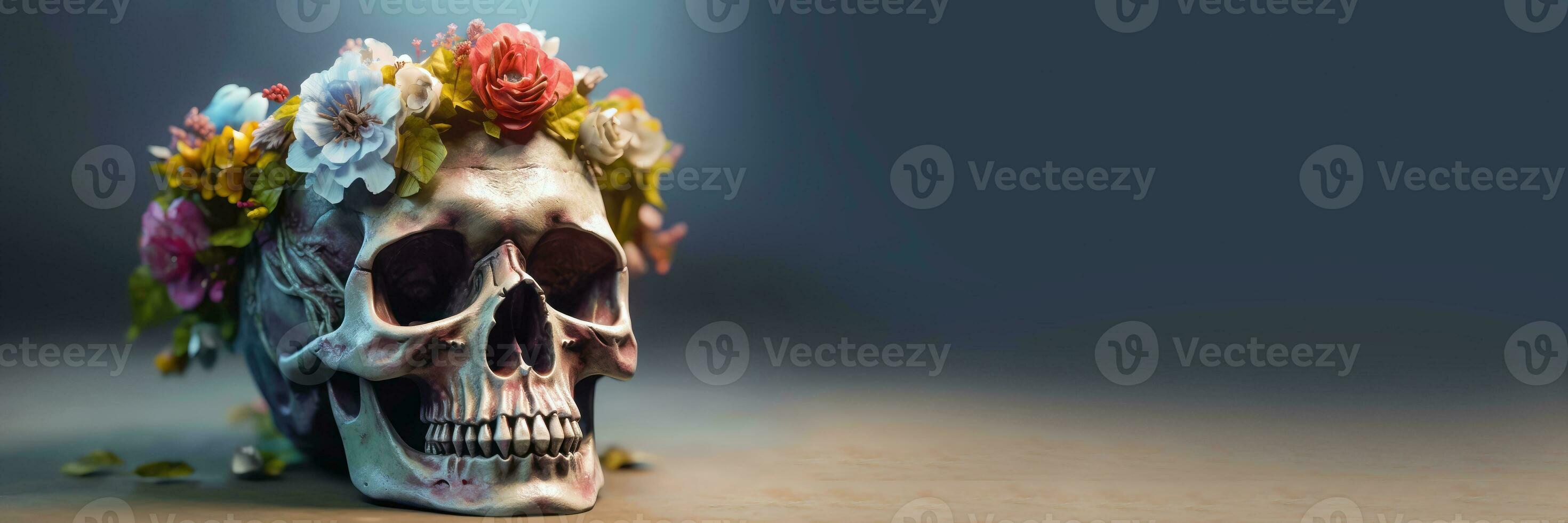 dag van de dood schedel met bloem slinger - feestelijk ontwerp thema - generatief ai foto