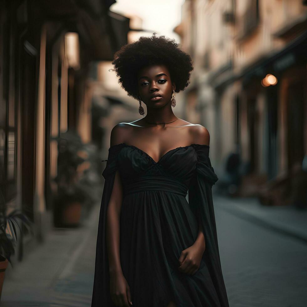 portret van een zwart vrouw, volledige lengte, natuurlijk licht, buitenshuis, warm filter, ai generatief kunst foto