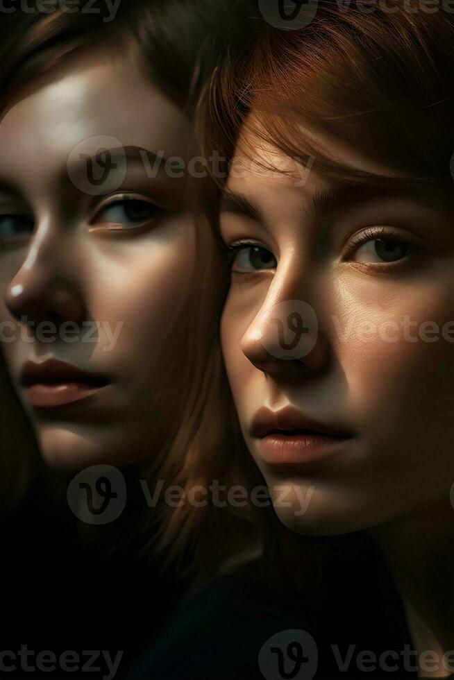 portret van twee bruin haar Dames, detailopname, natuurlijk zacht verlichting, ai gegenereerd kunst foto