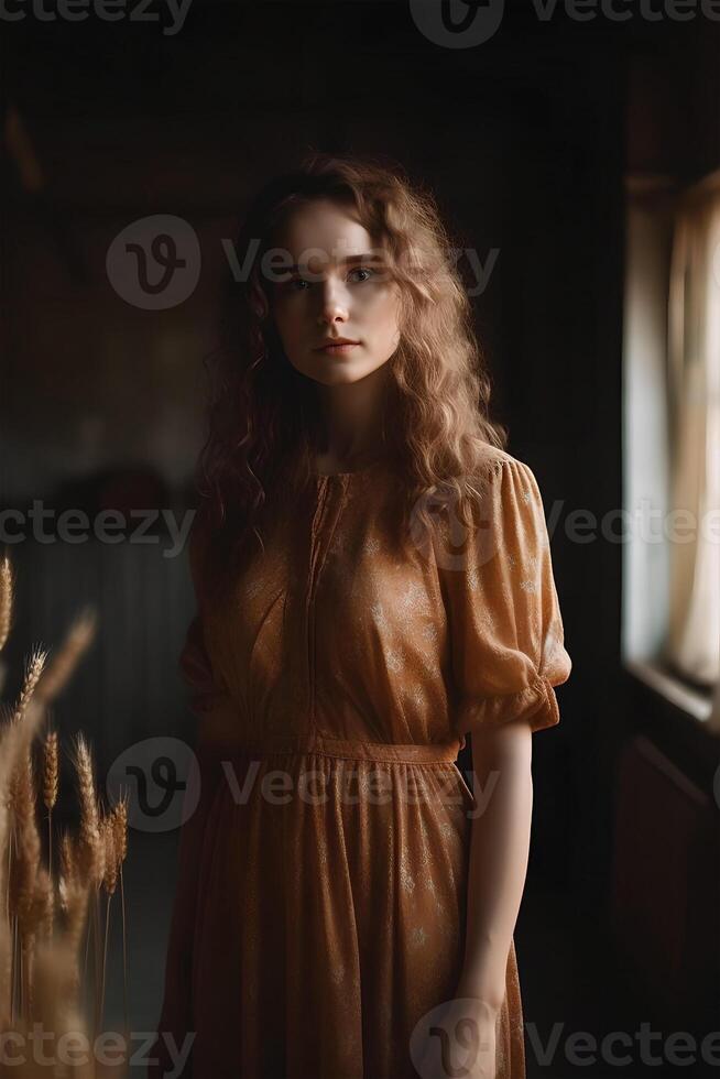 portret van een Europese vrouw in gemakkelijk rustiek kleren Aan een veld- achtergrond, , natuurlijk foto, zacht licht, ai generatief kunst foto