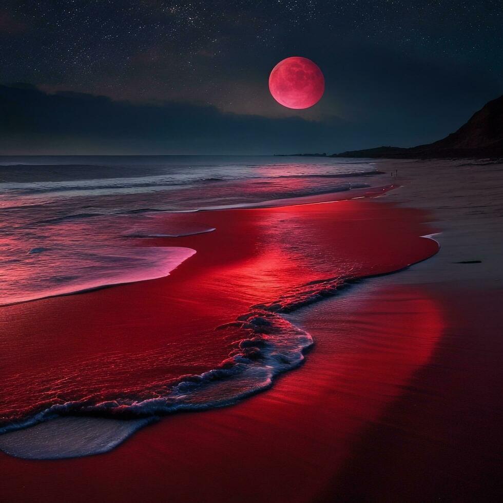 een mysterieus strand Bij nacht, verlichte door een rood maan, met de donker zee uitrekken uit in de horizon. ultra realistisch. generatief ai foto