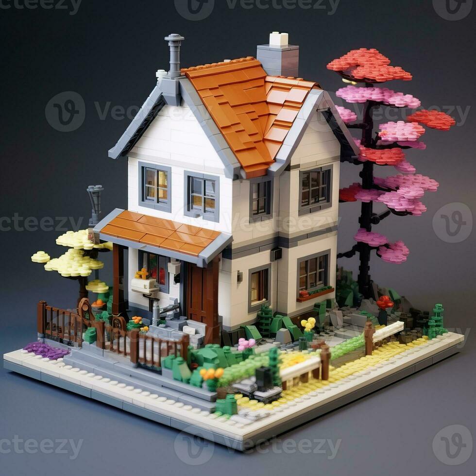 huis anime stijl, huis Lego wit achtergrond hoog kwaliteit ai beeld gegenereerd foto