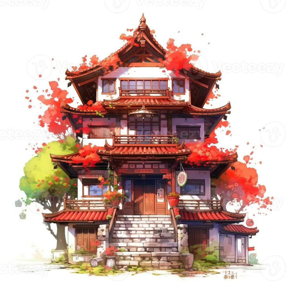 huis anime stijl, huis rood tegel wit achtergrond hoog kwaliteit ai beeld gegenereerd foto