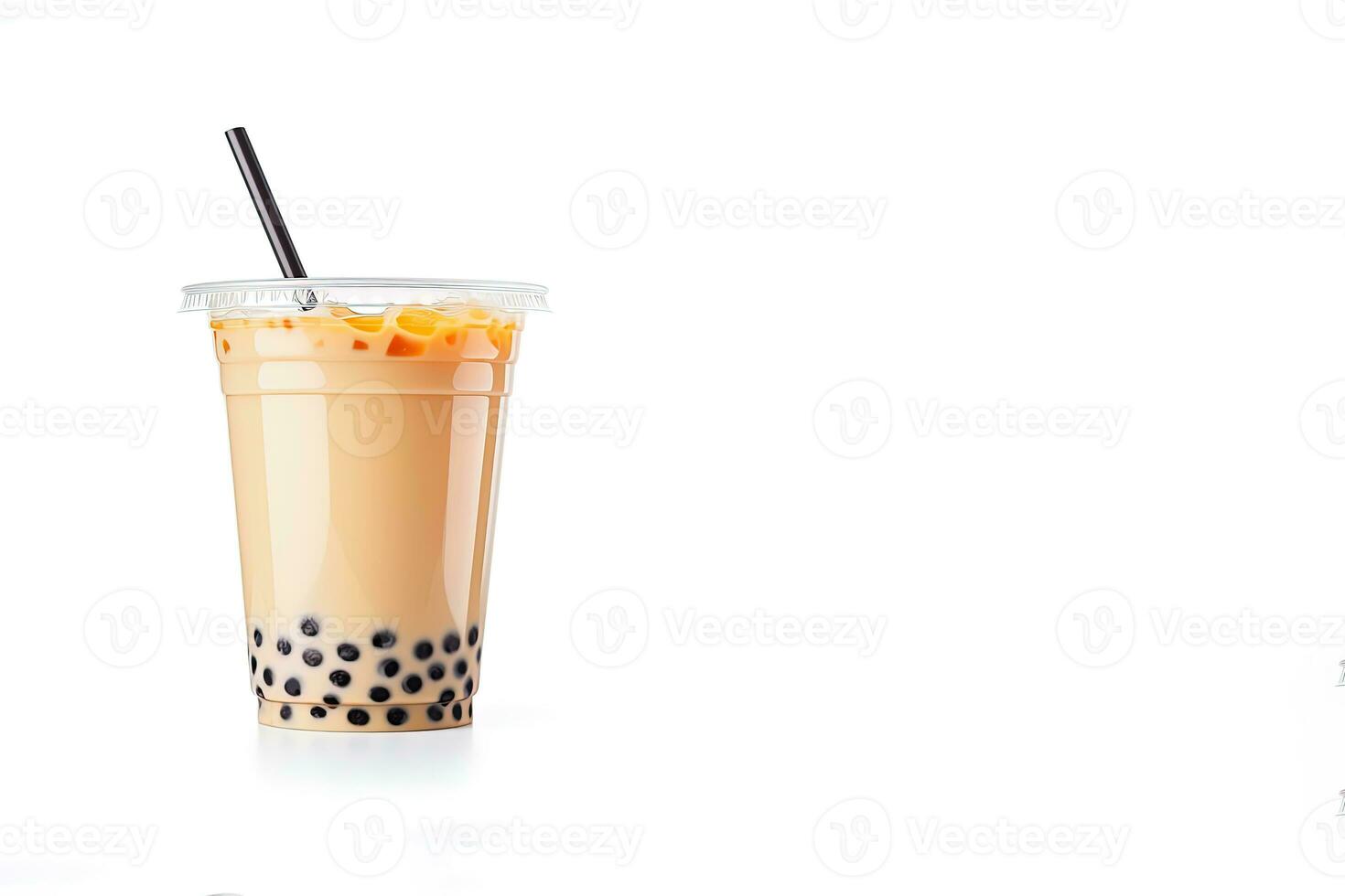 bevroren melk thee en bubbel boba in de plastic glas Aan de wit achtergrond met kopiëren ruimte. ai gegenereerd foto