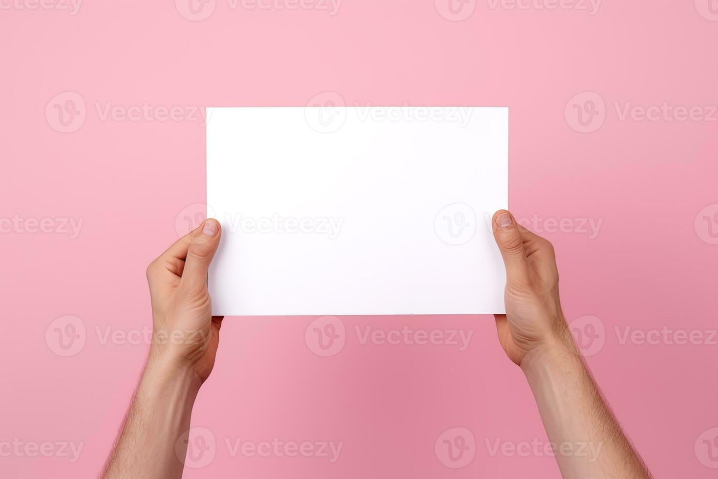 een menselijk hand- Holding een blanco vel van wit papier of kaart geïsoleerd Aan roze achtergrond. ai gegenereerd foto