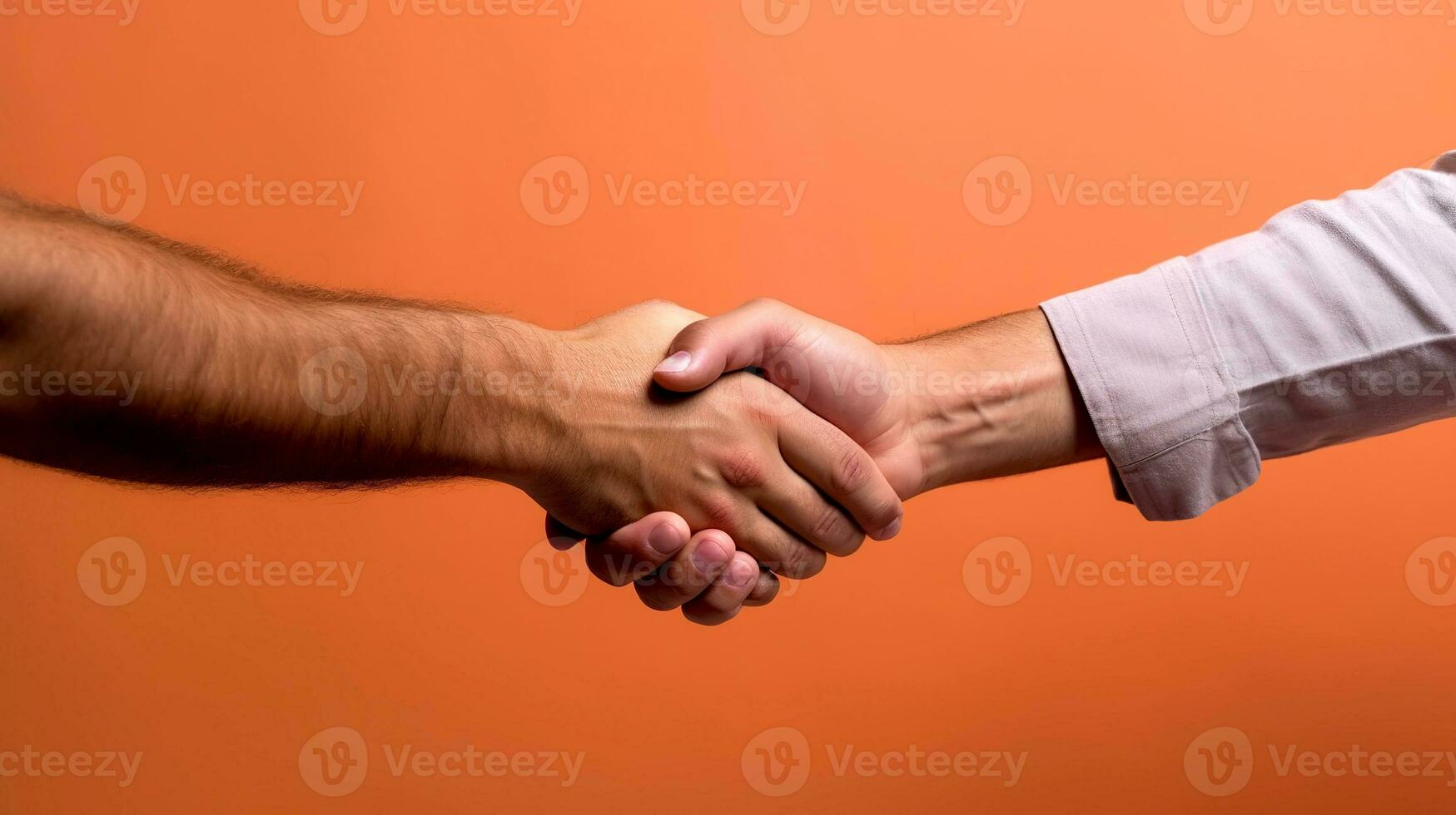 Mannen handdruk. detailopname beeld van twee zakenlieden beven handen over- oranje achtergrond. foto