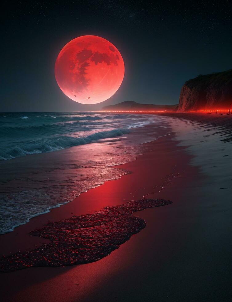 een mysterieus strand Bij nacht, verlichte door een rood maan, met de donker zee uitrekken uit in de horizon. ultra realistisch. generatief ai foto