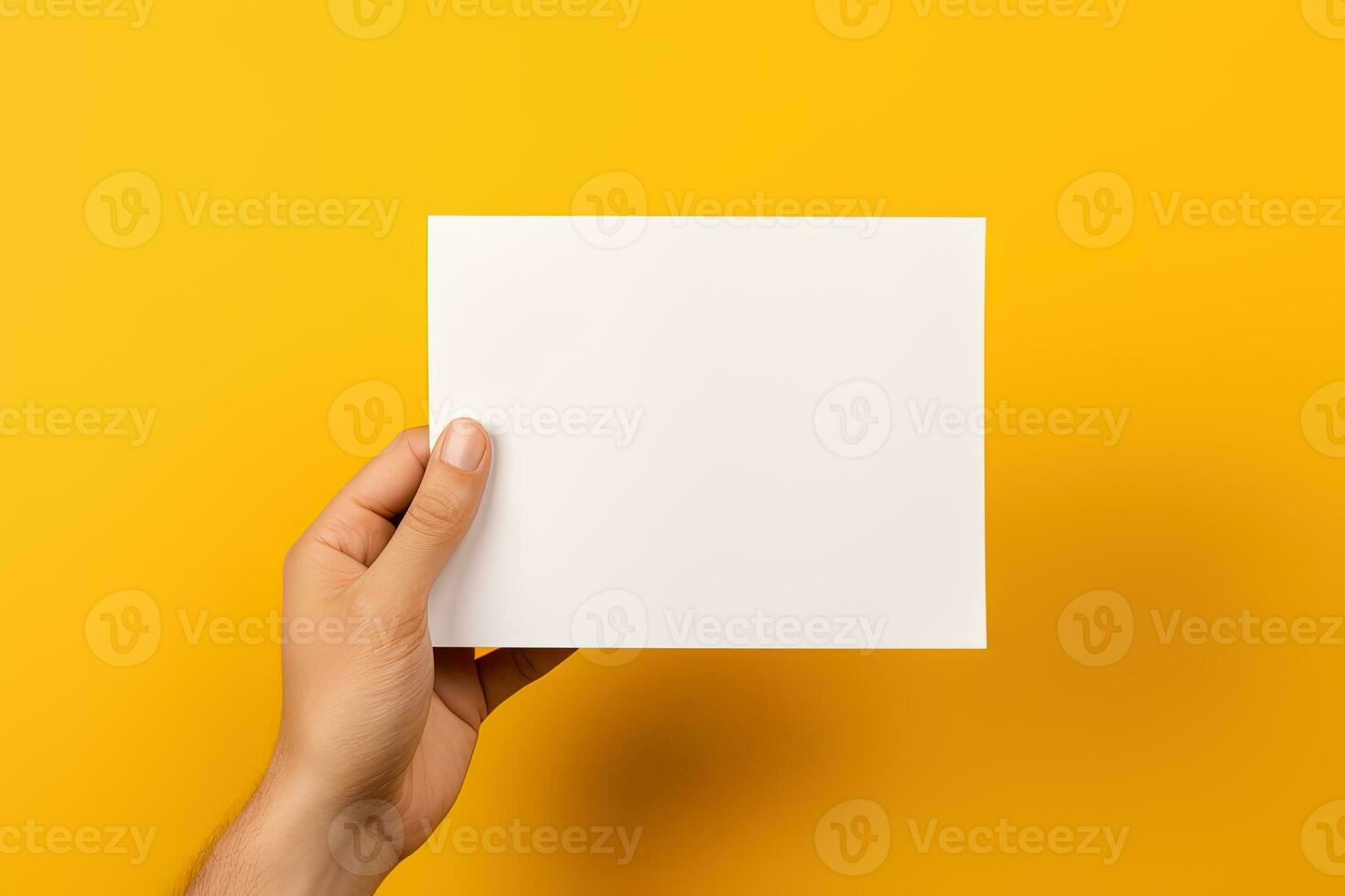 een menselijk hand- Holding een blanco vel van wit papier of kaart geïsoleerd Aan geel achtergrond. ai gegenereerd foto