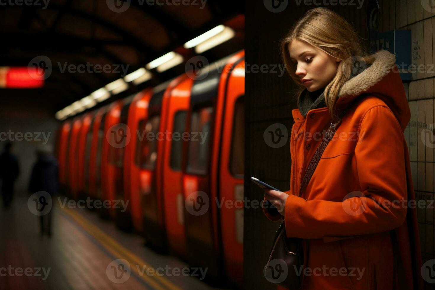 portret van een glimlachen lief vrouw typen bericht Aan mobiel telefoon in metro trein. ai gegenereerd foto