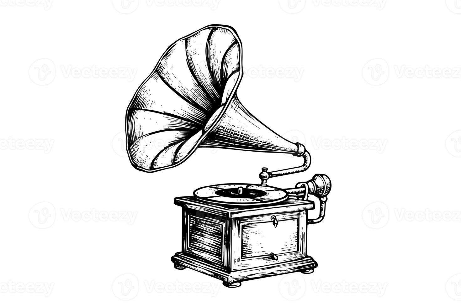 retro fonograaf grammofoon wijnoogst gegraveerde vector illustratie. schetsen hand- getrokken kunst foto