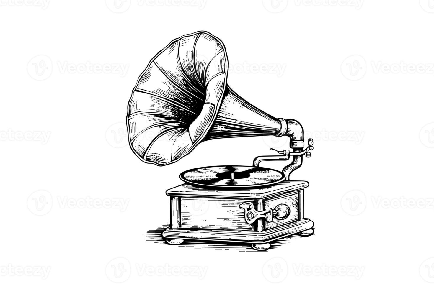 retro fonograaf grammofoon wijnoogst gegraveerde vector illustratie. schetsen hand- getrokken kunst foto