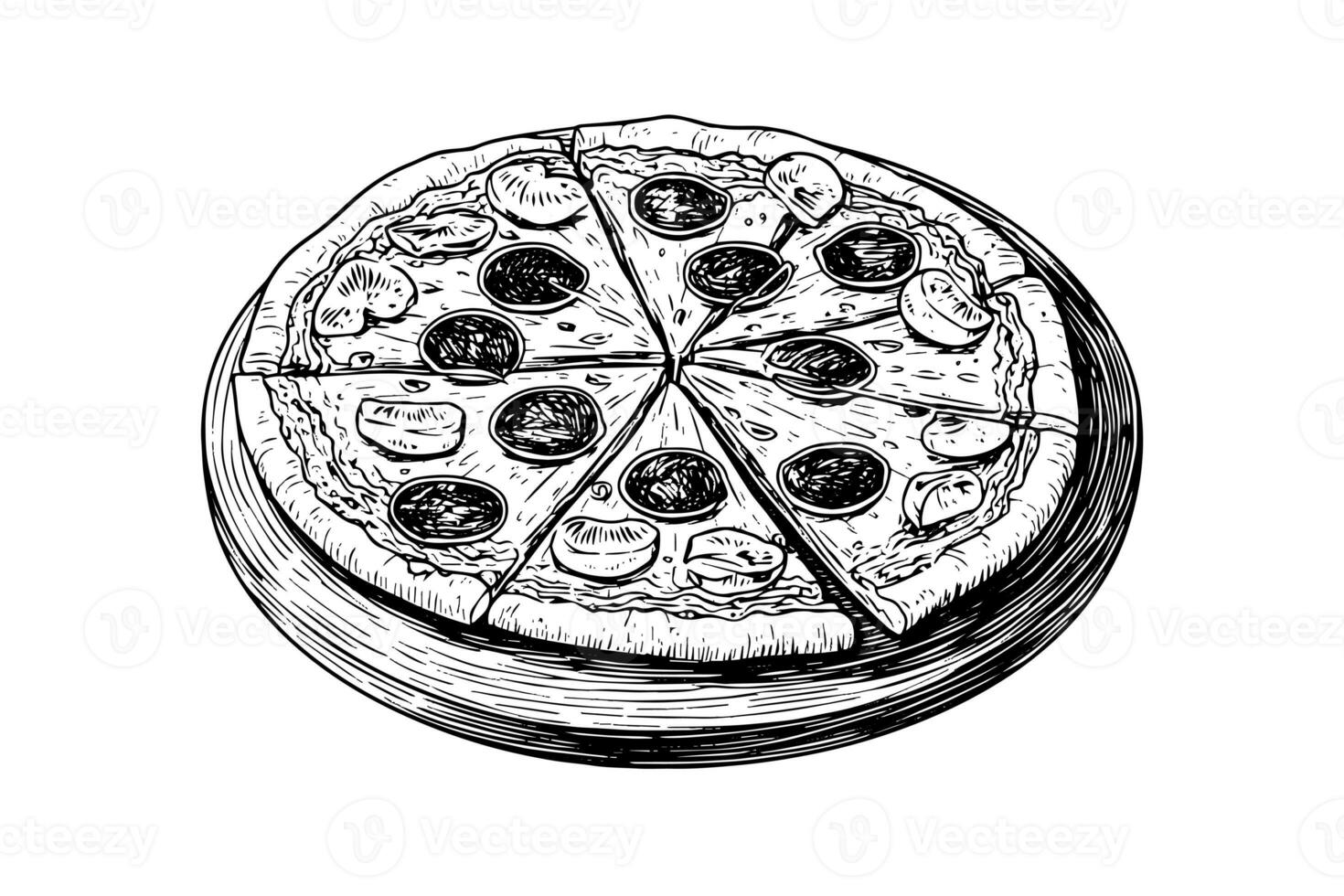 gesneden pizza schetsen hand- getrokken gravure stijl vector illustratie. foto