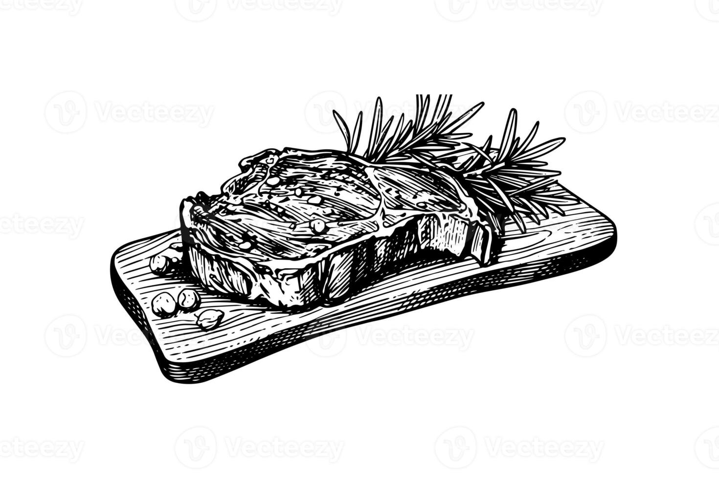 vlees steak Aan hout bord. hand- tekening schetsen gravure stijl vector illustratie foto