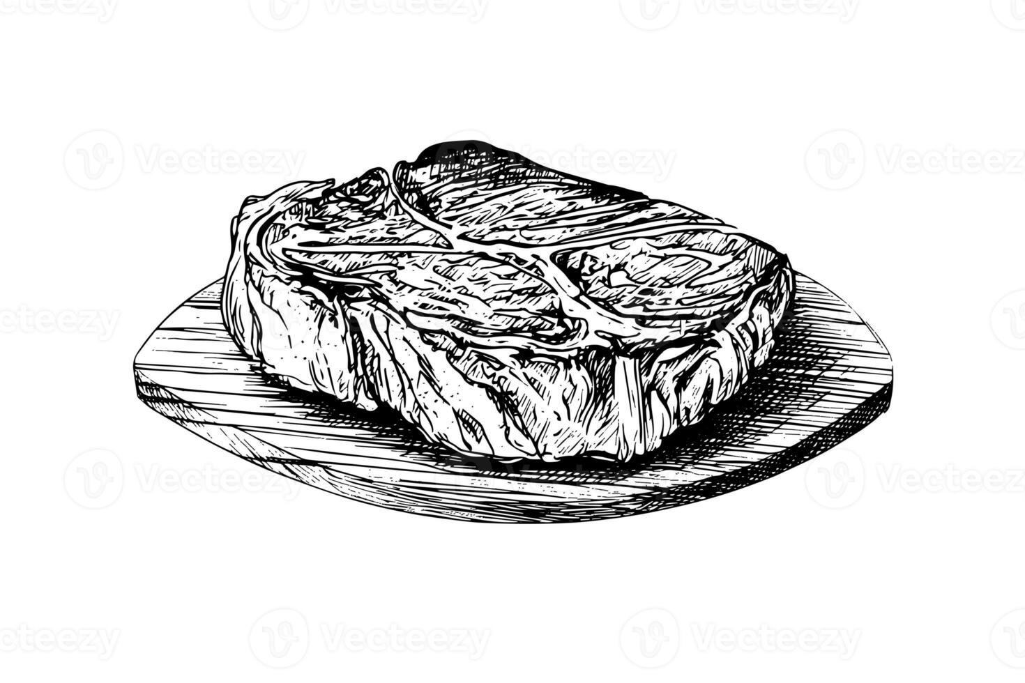 vlees steak Aan hout bord. hand- tekening schetsen gravure stijl vector illustratie foto