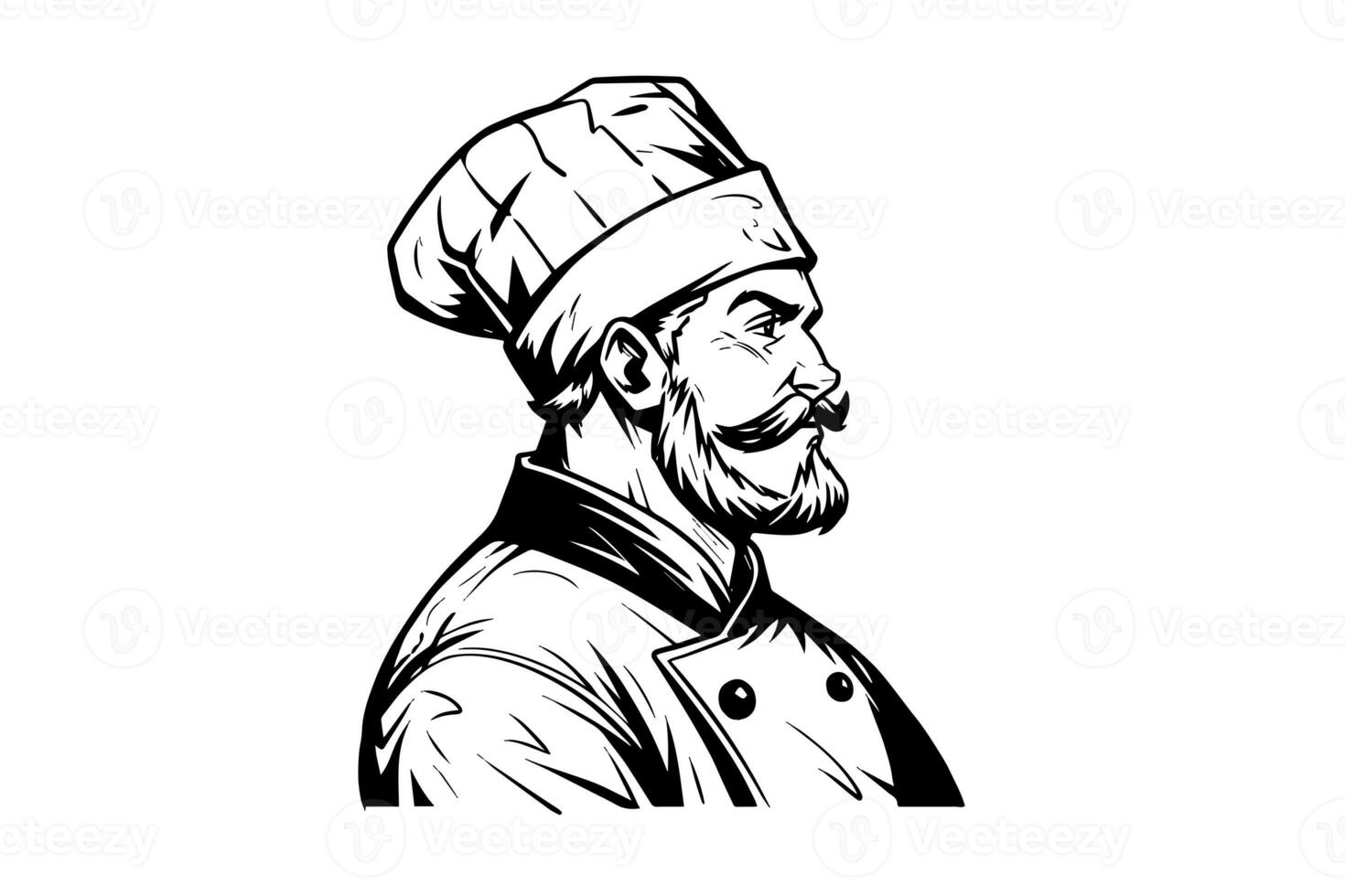 chef in een hoed kant visie logotype gravure stijl vector illustratie. foto