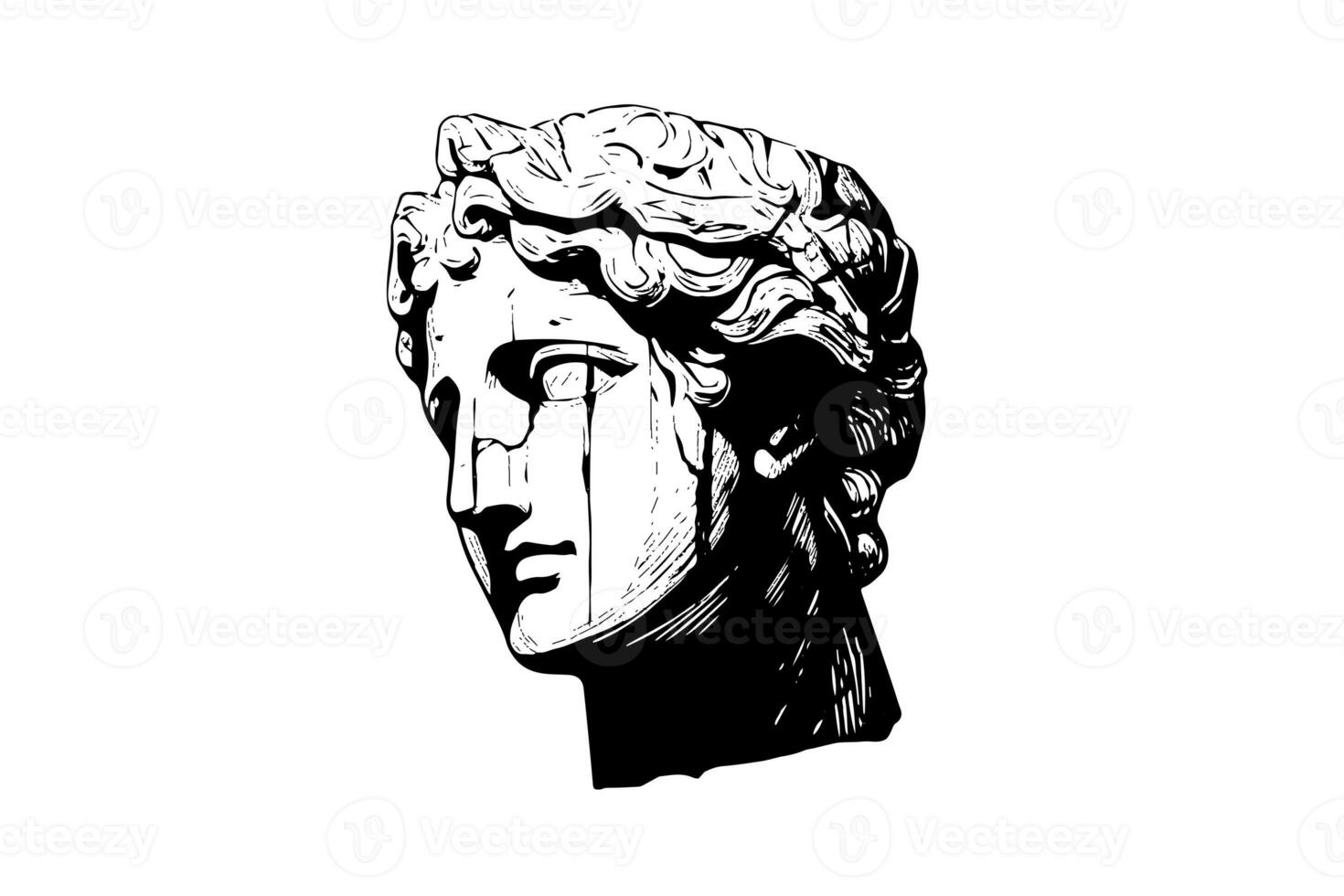 gebarsten standbeeld hoofd van Grieks beeldhouwwerk schetsen gravure stijl vector illustratie. foto