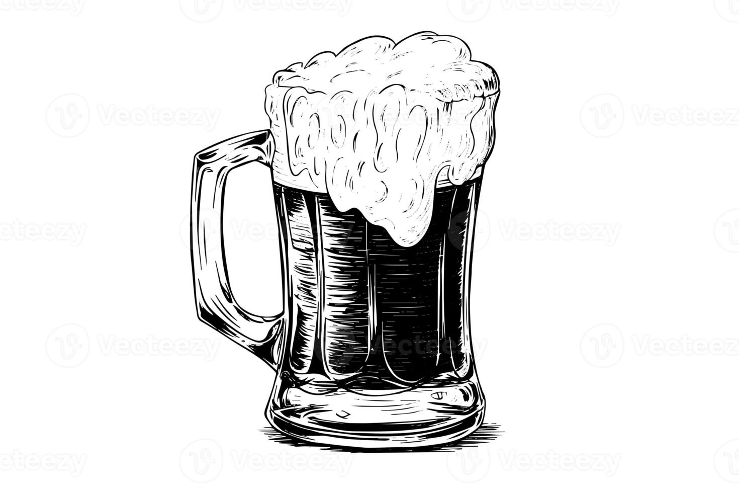 bier glas met ale en weelderig schuim.hand getrokken inkt schetsen. gravure wijnoogst stijl vector illustratie. foto