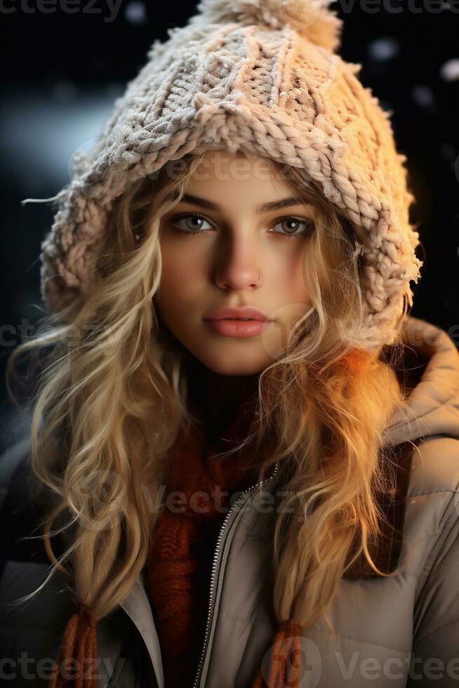 besneeuwd chique boeiend afbeelding van een meisje met wit gouden haar- blauw oog vervelend winter kleren en pet generatief ai foto