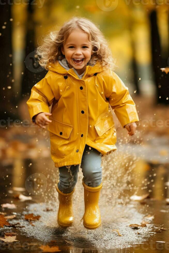 kind in geel rubber laarzen genieten van jumping over- plassen in de regen gedurende herfst seizoen foto